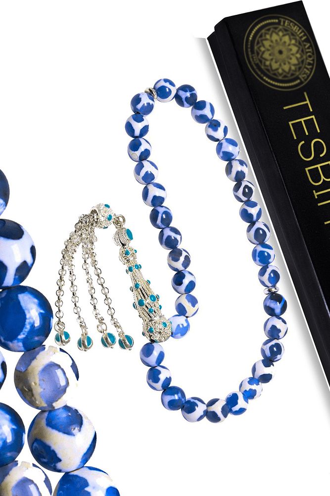 Sertifikalı Beyaz Mineli Telkari Püskül Doğal Mavi Akik Taşı Tesbih