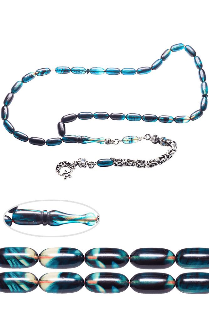 Sertifikalı Siyah Mavi Renkli Kapsül Kesim Sıkma Kehribar Tesbih