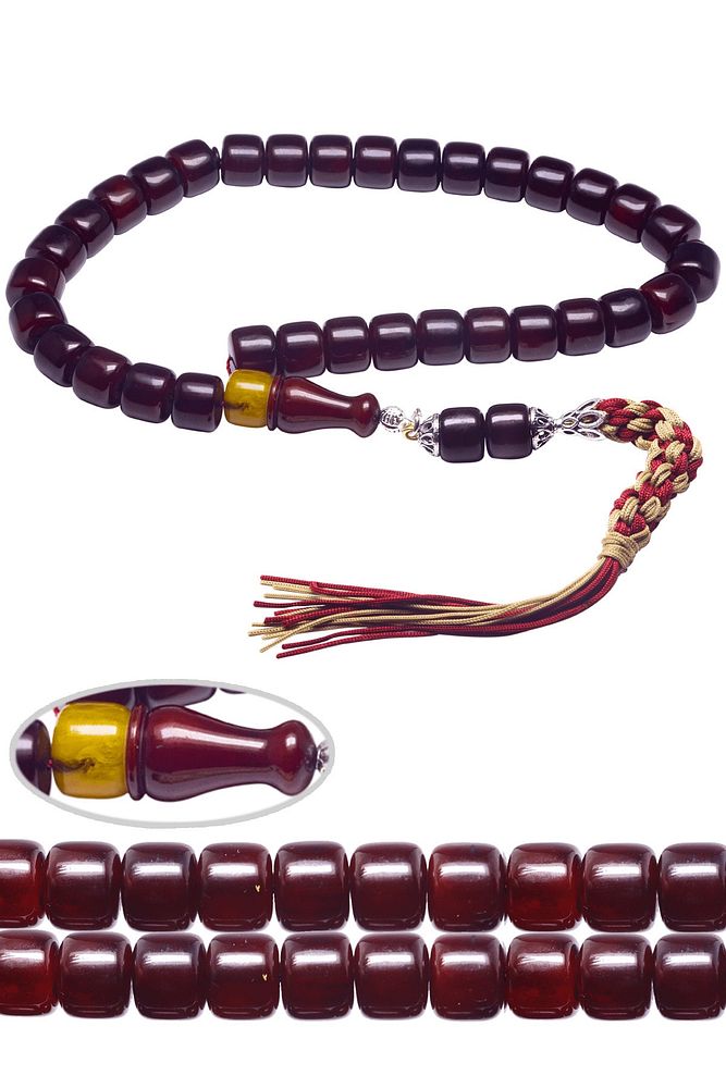 Sertifikalı Bordo Renkli Osmanlı Benzetmesi Çubuk Sıkma Kehribar Tesbih