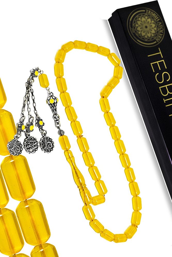 Sarı Renkli Kapsül Kesim Sarı Halep Püsküllü Zar Kehribar Tesbih