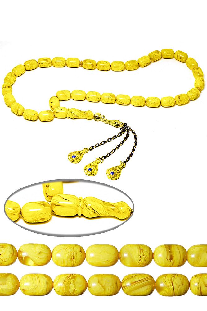 Sertifikalı Sarı Renkli Kapsül Kesim Sıkma Kehribar Tesbih