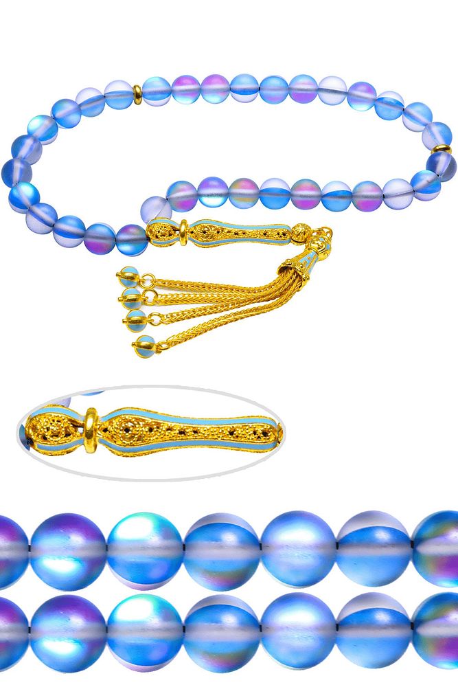 Sertifikalı Telkari Püskül Mavi Doğal Kuvars Taşı Tesbih