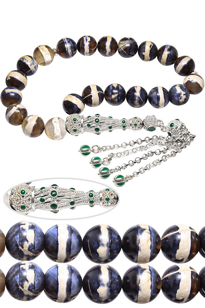 Beyaz Yeşil Mineli Telkari Püsküllü Doğal Çizgili Akik Efe Maskot Tesbih