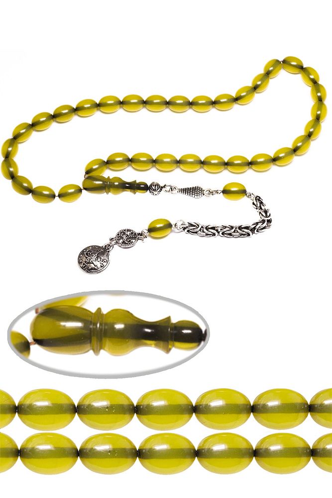 Sertifikalı Yeşil Renkli Osmanlı Benzetmesi Çubuk Sıkma Kehribar Tesbih