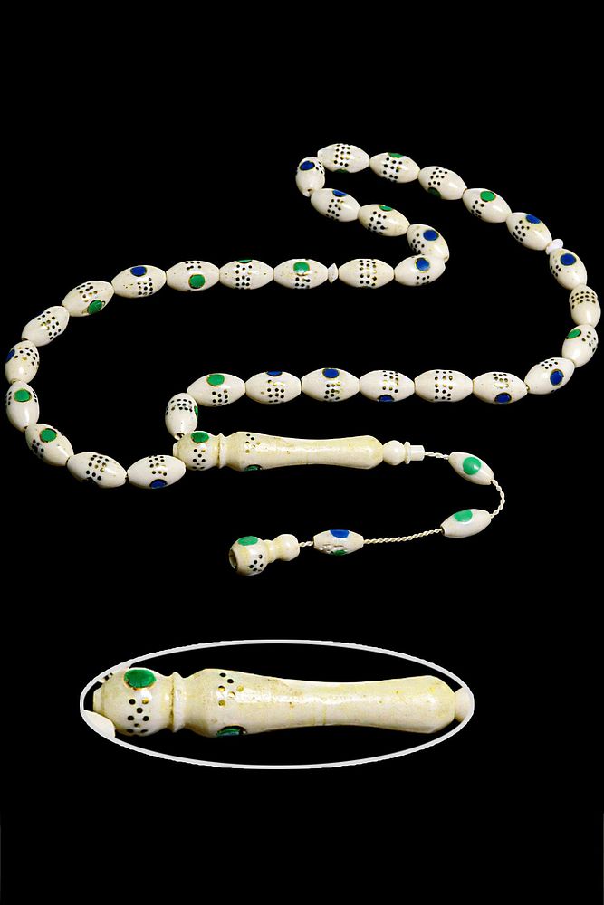 Sistemli Beyzi Kesim Sarı Mavi Mineli Pirinç Işlemeli Deve Kemiği Tesbih