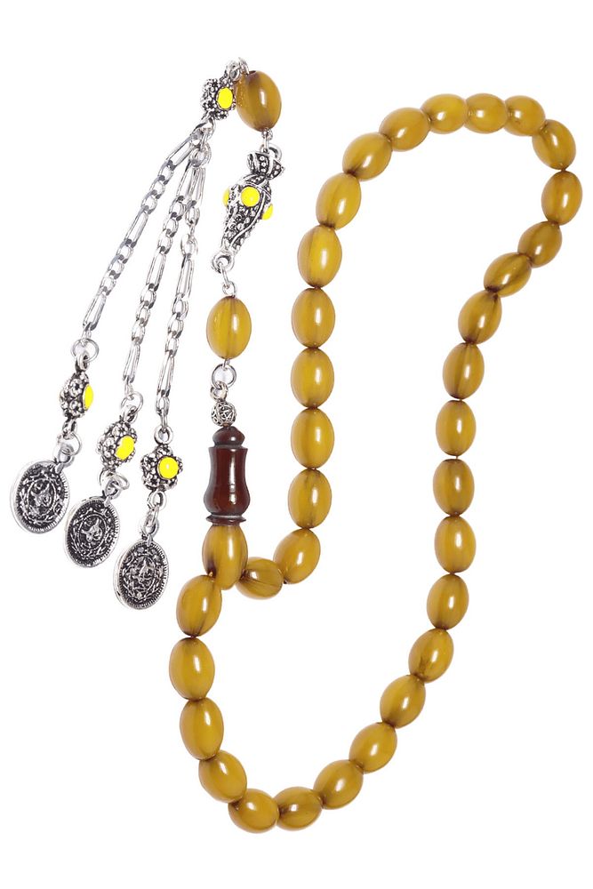 Sertifikalı Sarı Renk Dik Damar Halep Püskül Osmanlı Benzetmesi Çubuk Sıkma Kehribar Tesbih