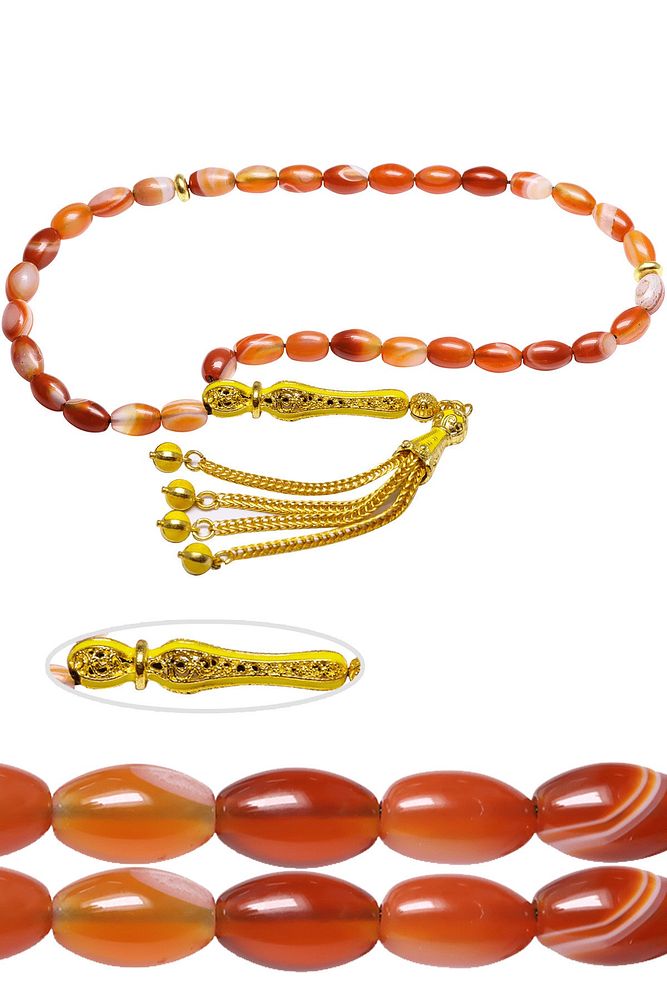 Sertifikalı Sarı Mineli Telkari Püskül Doğal Yemen Akik Taşı Tesbih