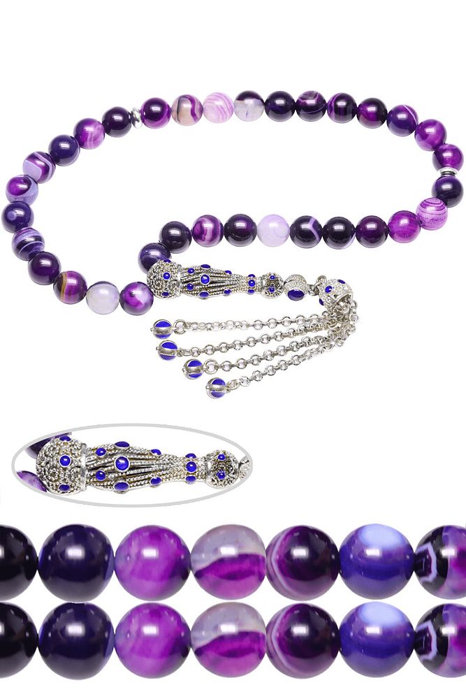 Sertifikalı Telkari Püsküllü Doğal Ametist Taşı Tesbih