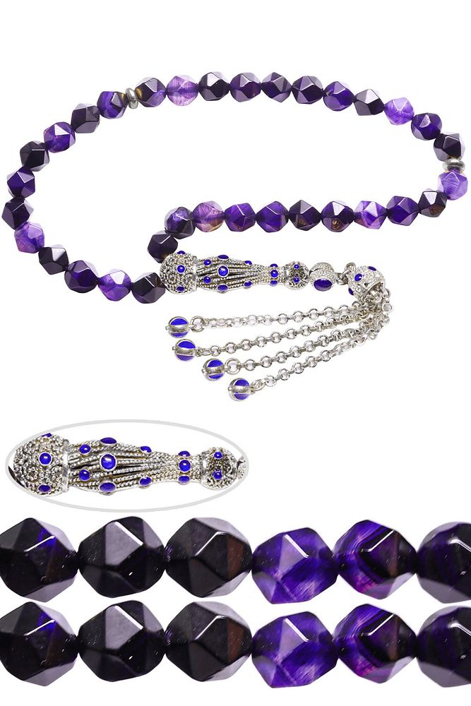 Sertifikalı Telkari Püsküllü Doğal Ametist Taşı Tesbih