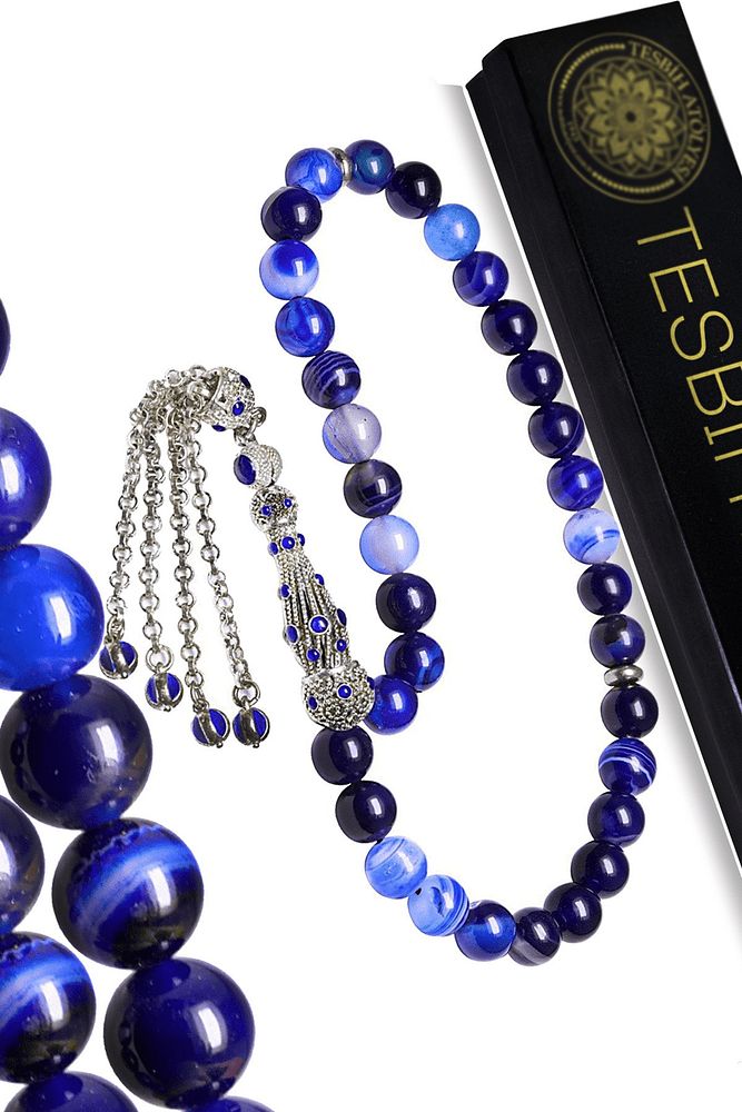 Sertifikalı Telkari Püsküllü Doğal Parlak Mavi Akik Taşı Tesbih