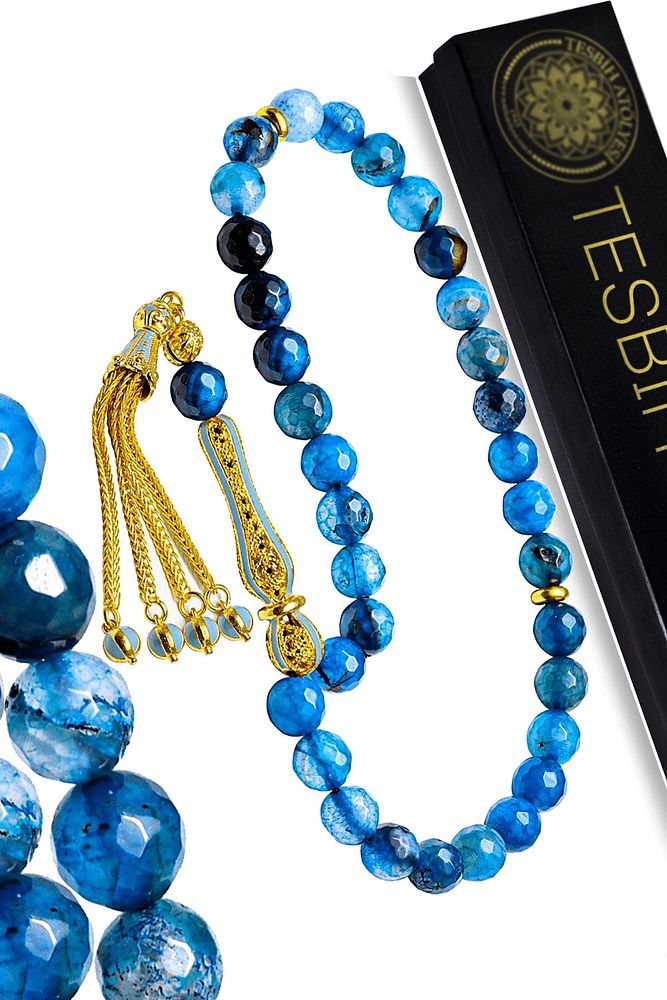 Sertifikalı Telkari Püsküllü Doğal Mavi Akik Tesbih