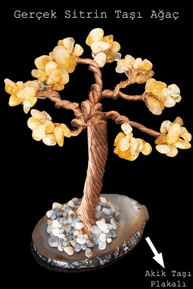 Sertifikalı Gerçek Sitrin Taşı Ağaç - Akik Plakalı (Para Taşı)