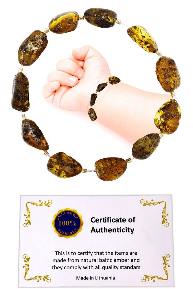 Sertifikalı Mat Toprak Yaprak Fosilli Doğal Damla Kehribar Bebek Bileklik