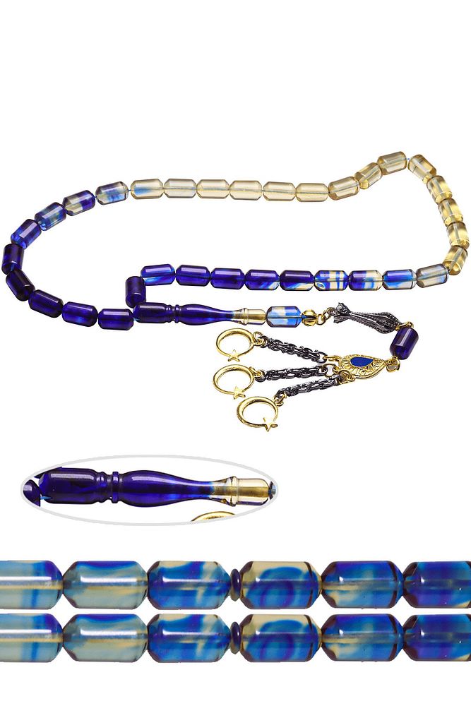 Mavi Şeffaf Renk Geçişli Kapsül Kesim Ateş Kehribar Tesbih