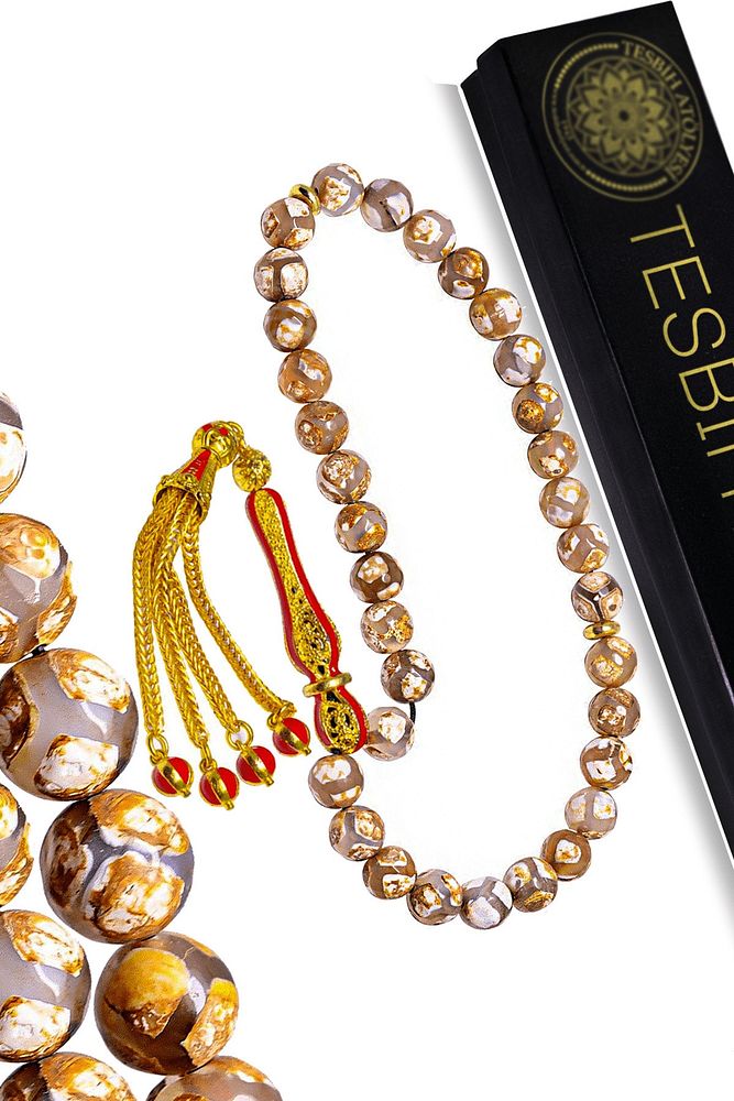 Sertifikalı Kahverengi Beyaz Çizgili Doğal Tibet Akik Tesbih