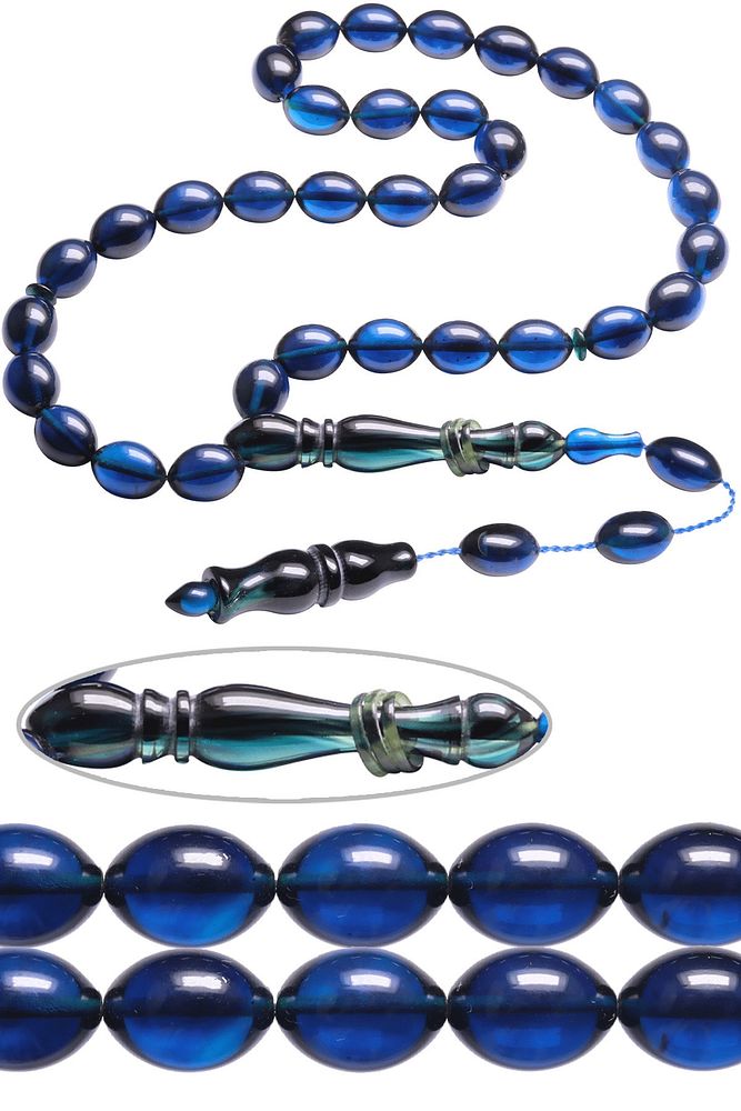 Sistemli Beyzi Kesim Şeffaf Mavi Renkli Orijinal Halkalı Ateş Kehribar Tesbih