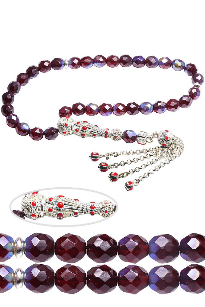 Sertifikalı Beyaz Mineli Telkari Püsküllü Bordo Kuvars Taşı Tesbih