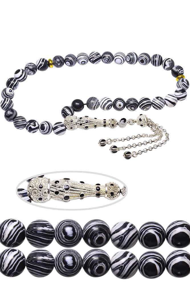 Sertifikalı Telkari Püskül Siyah Beyaz Fransız Galalit Tesbih