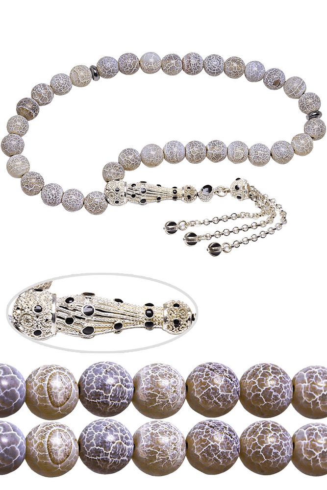 Sertifikalı Telkari Püskül Doğal Gri Akik Taşı Tesbih