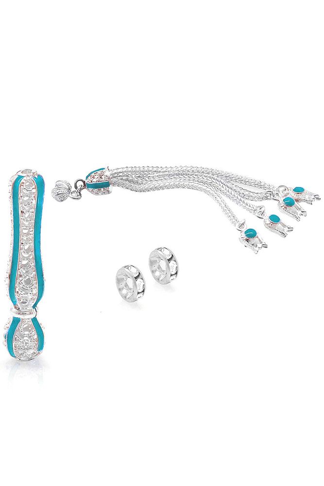 Beyaz Altın Kaplama Turkuaz Renkli Mineli Telkari Imame Püskül Set