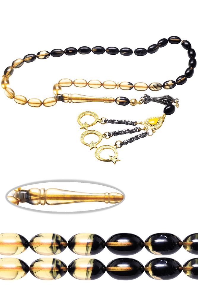 Sertifikalı Siyah Sarı Renkli Hareli Sıkma Kehribar Tesbih