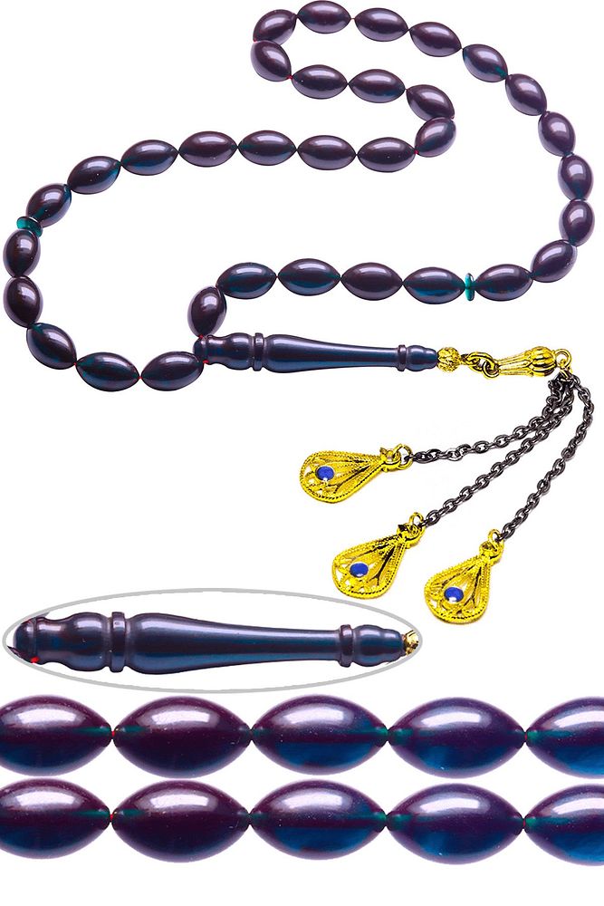 Dışı Siyah Içi Mavi Renk Beyzi Kesim Ateş Kehribar Tesbih