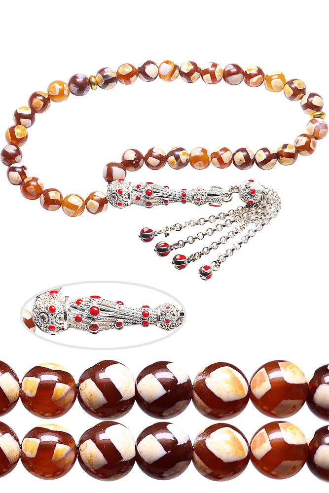 Beyaz Kırmızı Mineli Telkari Püsküllü Kırmızı Beyaz Doğal Tibet Akik Tesbih