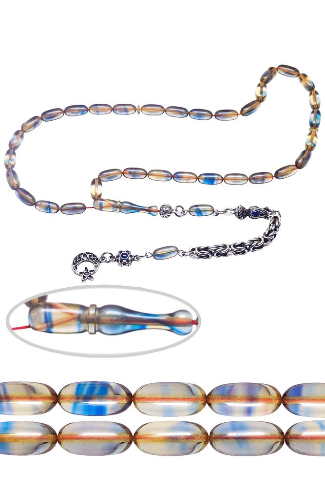 Kral Püsküllü Mavi Şeffaf Renkli Kapsül Kesim Ateş Kehribar Tesbih