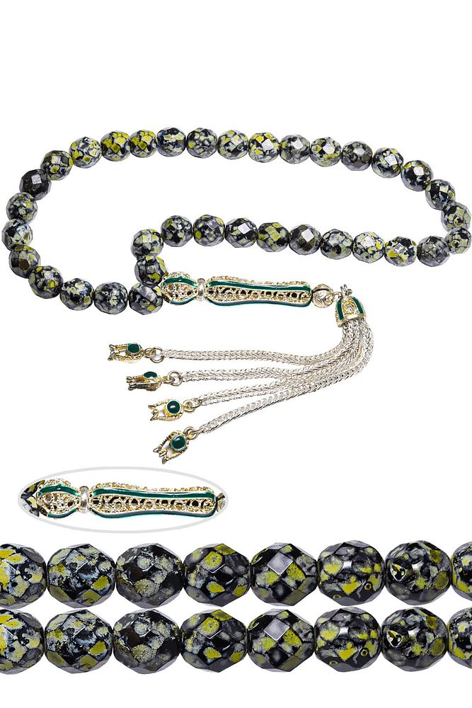 Sertifikalı Beyaz Telkari Püsküllü Doğal Yeşil Akik Taşıtesbih