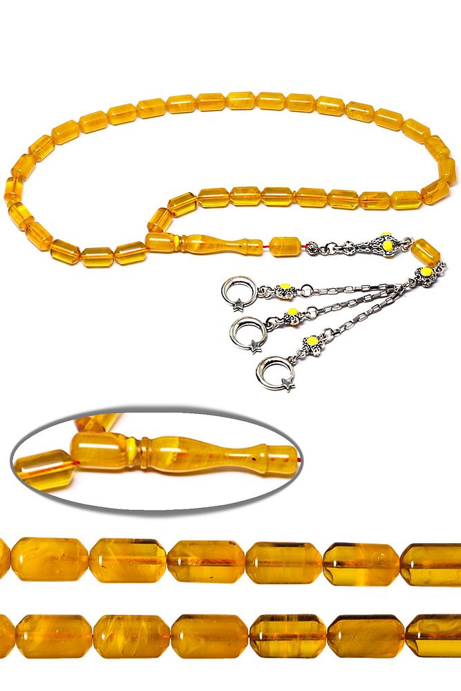 Sertifikalı Sarı Renkli Halep Püsküllü Sıkma Kehribar Tesbih