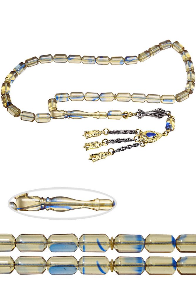 Şeffaf Mavi Hareli Altın Kaplama Püsküllü Ateş Kehribar Tesbih