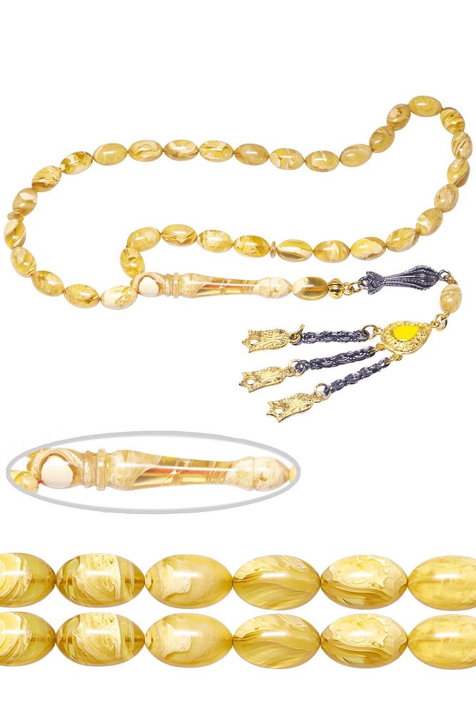 Sertifikalı Sarı Renkli Beyzi Kesim Hareli Sıkma Kehribar Tesbih