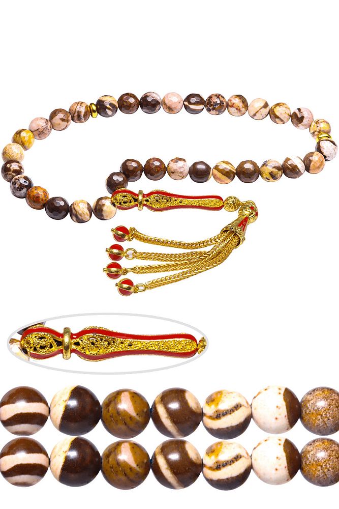 Sertifikalı Sarı Kırmızı Mineli Telkari Püsküllü Doğal Jasper Tesbih