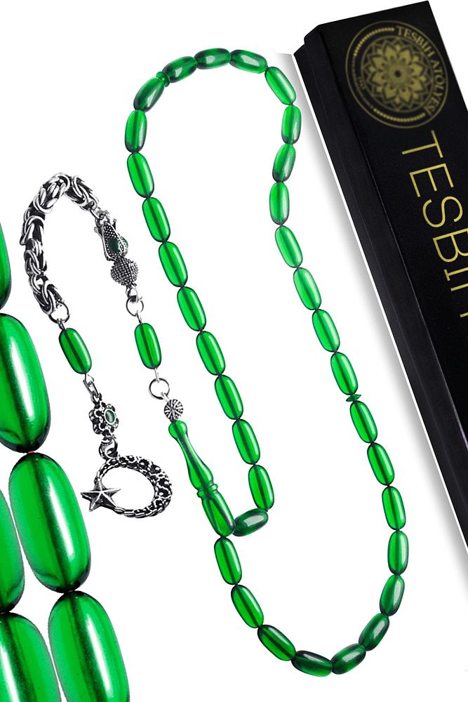 Yeşil Renkli Kapsül Kesim Ateş Kehribar Tesbih
