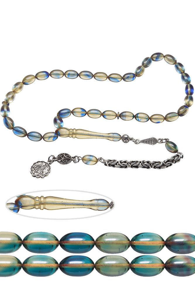 Sertifikalı Şeffaf Mavi Renk Ateş Kehribar Tesbih