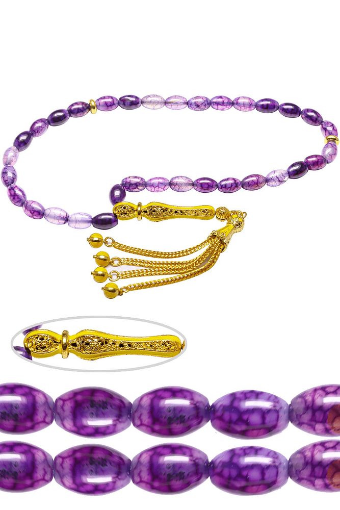 Sertifikalı Sarı Mineli Telkari Püsküll Damarlı Doğal Ametist Taşı Tesbih