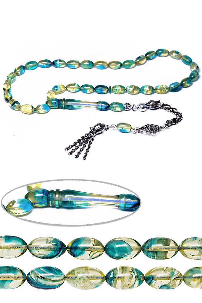 Sertifikalı Mavi Beyaz Renkli Hareli Sıkma Kehribar Tesbih