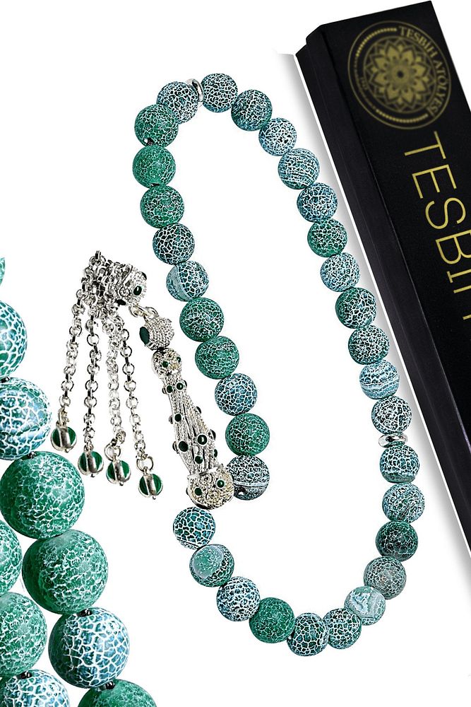 Sertifikalı Telkari Püskül Doğal Yeşil Akik Taşı Tesbih