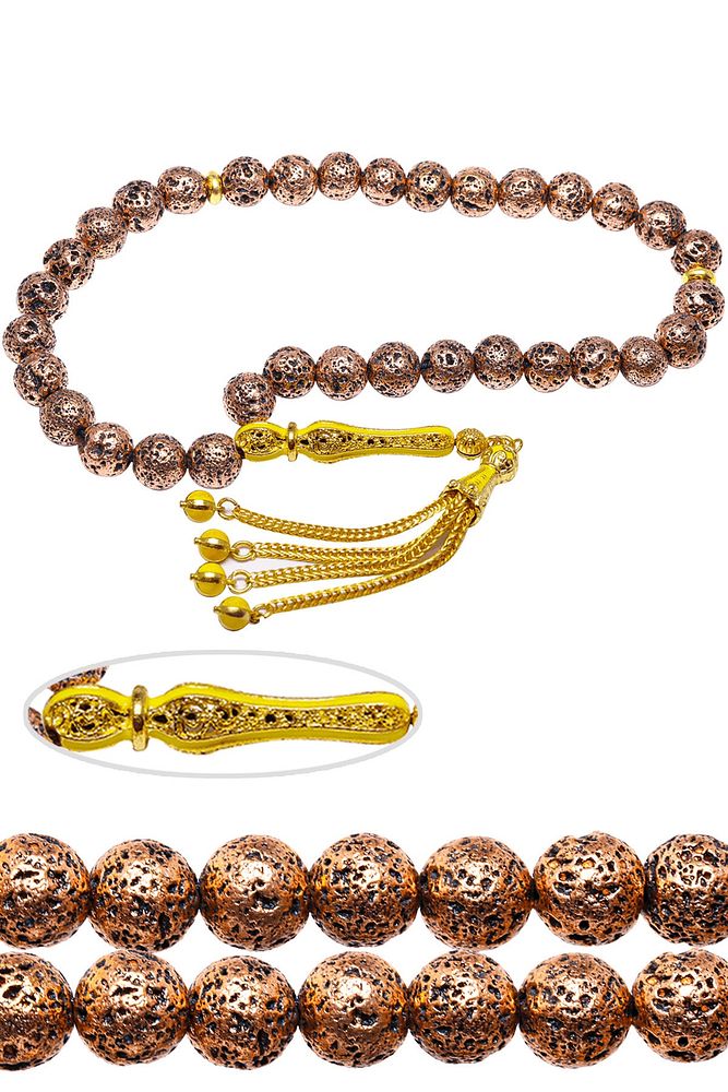 Sertifikalı Telkari Püskül Bakır Renkli Doğal Lav Taşı Tesbih