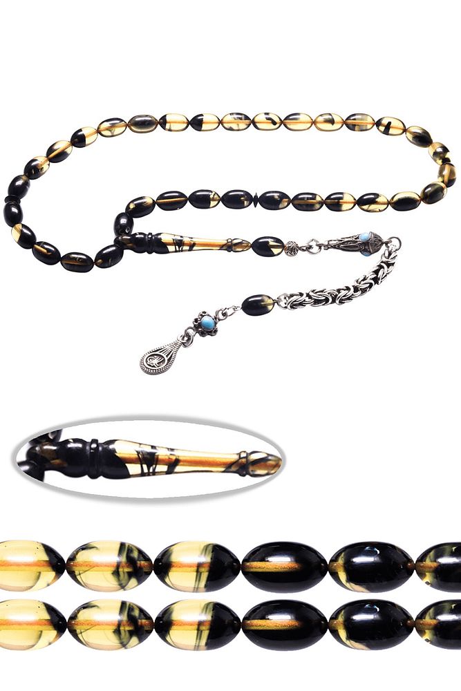 Sertifikalı Sarı Siyah Renk Beyzi Kesim Sıkma Kehribar Tesbih