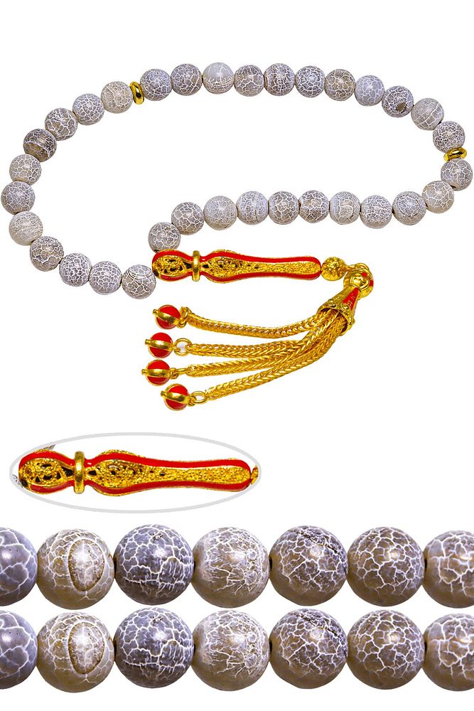 Sertifikalı Gerçek Telkari Püskül Doğal Gri Akik Taşı Tesbih