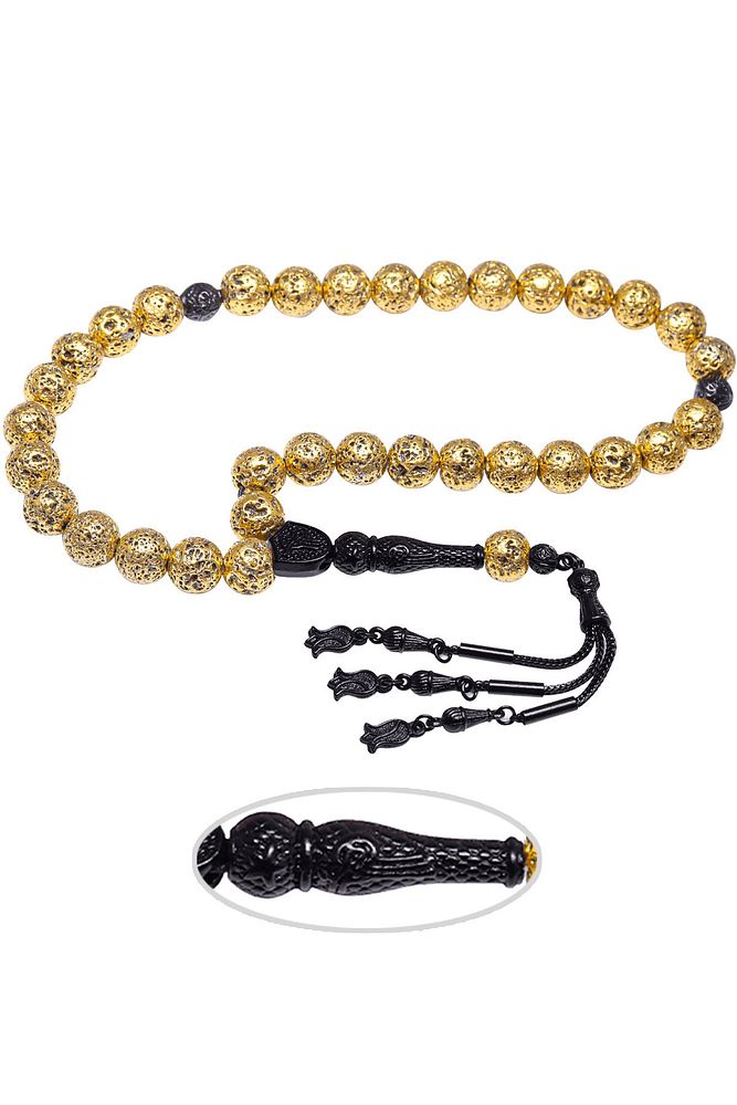 Sertifikalı Kararmaz Püsküllü Sarı Doğal Lav Taşı Tesbih