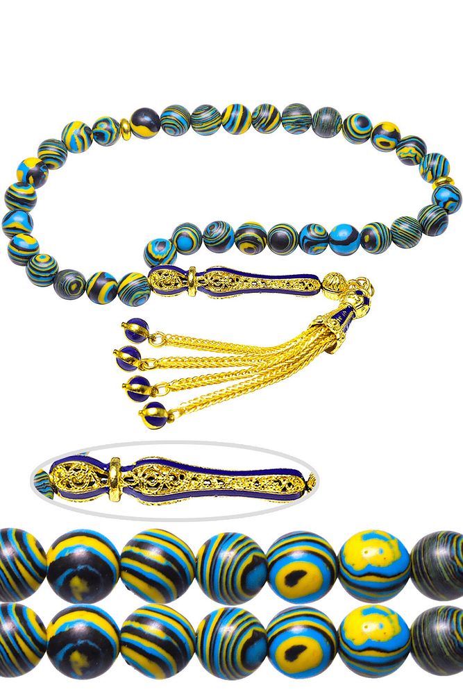 Sertifikalı Telkari Püsküllü Yeşil Sarı Fransız Galalit Tesbih