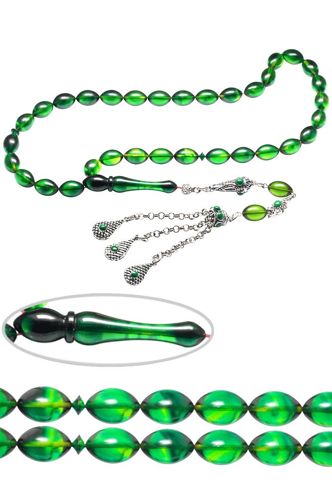 Yeşil Siyah Renkli Beyzi Kesim Halep Püsküllü Ateş Kehribar Tesbih