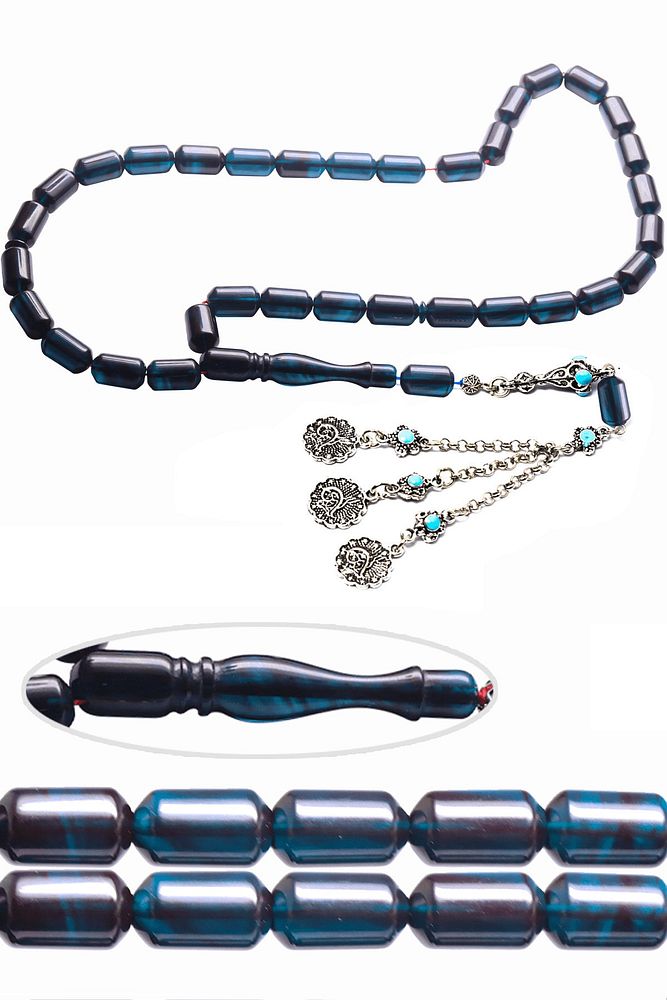 Halep Püsküllü Kapsül Kesim Dışı Siyah Içi Mavi Ateş Kehribar Tesbih