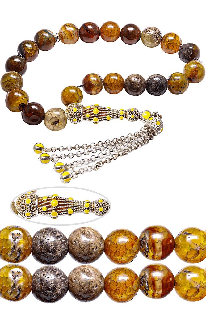 Sertifikalı Telkari Püsküllü Maskot Ejderha Doğal Akik Taşı Tesbih