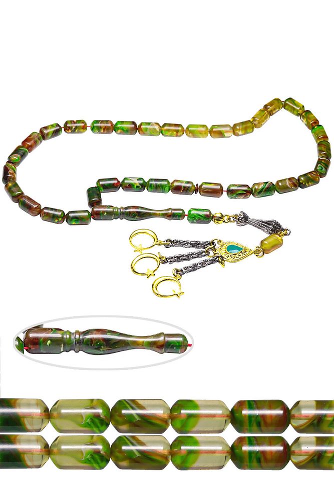 Sertifikalı Yeşil Renk Hareli Altın Kaplama Püskül Sıkma Kehribar Tesbih