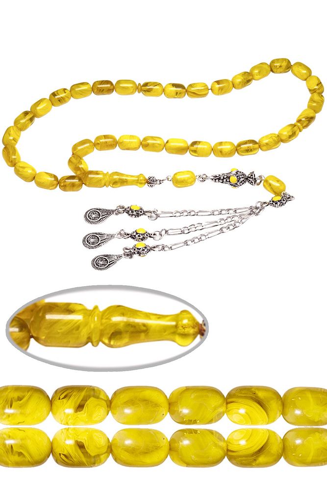 Sertifikalı Sarı Renk Hareli Halep Püskül Sıkma Kehribar Tesbih