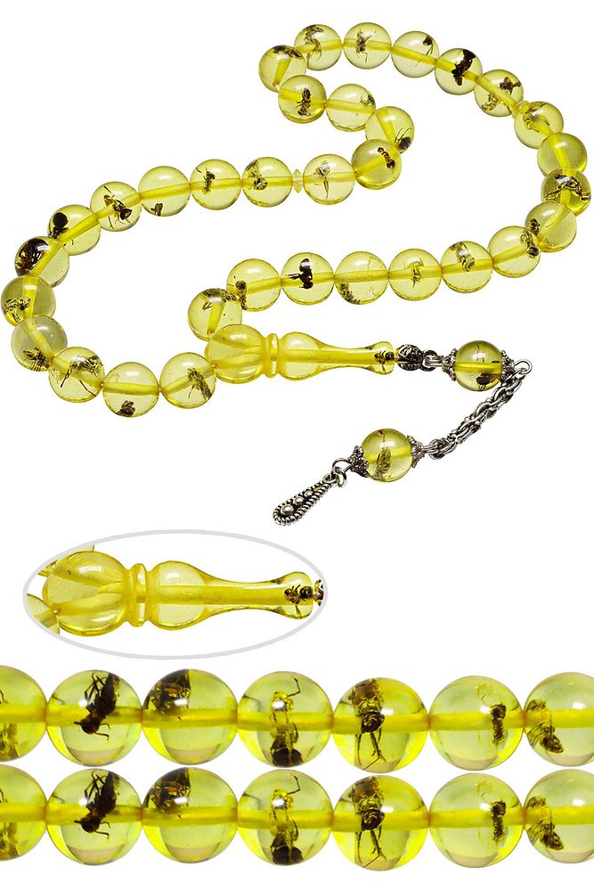 Sertifikalı Sarı Renkli Küre Kesim Karınca Fosilli Toz Kehribar Tesbih