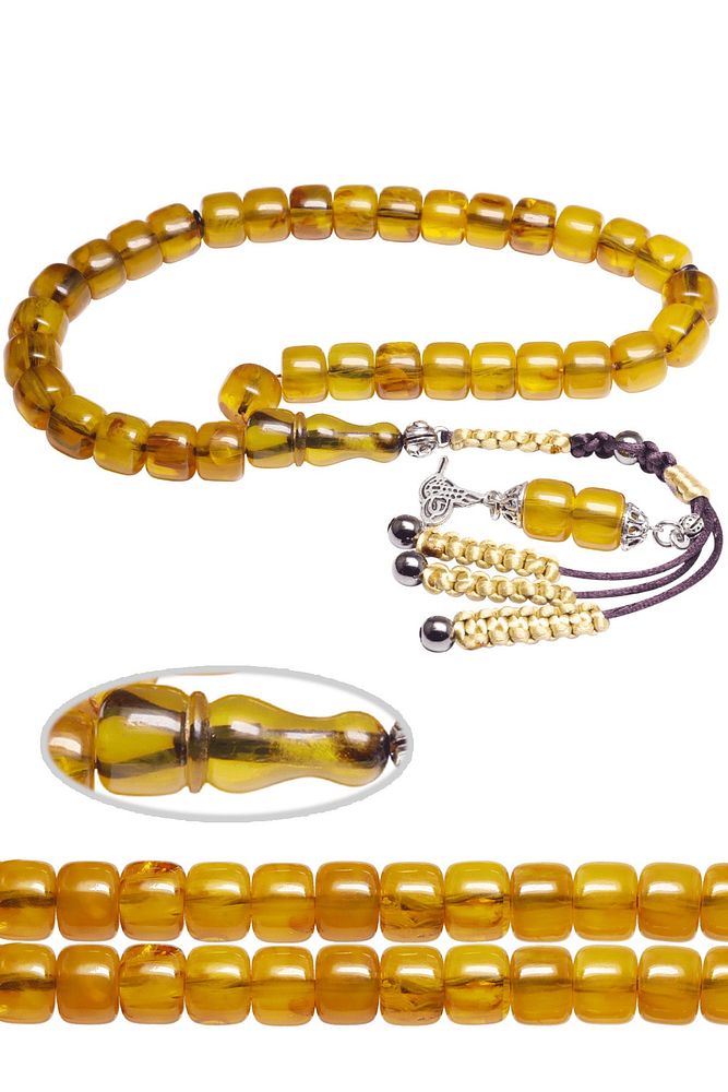 Sertifikalı Sarı Renkli Sıkma Kehribar Tesbih